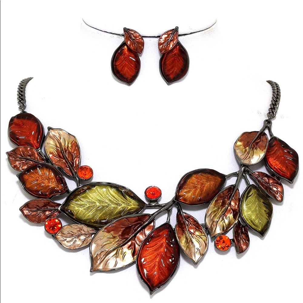 Fall Leaves Glass Earrings & Necklace Set